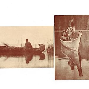 Edward S. Curtis Cartão postal com foto real Índios do Canadá Kootenay O caçador de patos Canoa da costa oeste em Boston Cove RPPC Artista Cartão postal vintage