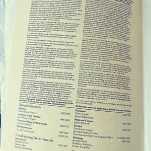 May include: A black and white page from a Sotheby's Arcade Auctions catalog. The page lists the conditions of sale for the auction, including information about the auctioneer, the administration, and the cataloguing departments. The page also includes a list of departments and contact information for each department.