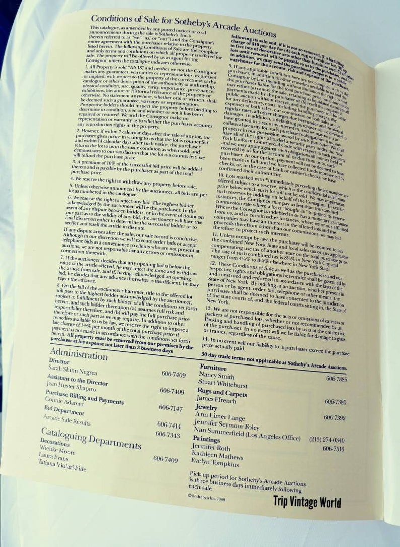 May include: A black and white page from a Sotheby's Arcade Auctions catalog. The page lists the conditions of sale for the auction, including information about the auctioneer, the administration, and the cataloguing departments. The page also includes a list of departments and contact information for each department.