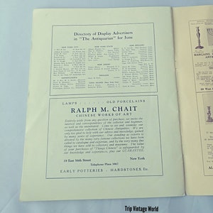 Op de afbeelding: Een zwart-witte pagina uit een antiek tijdschrift met een directory van displayadverteerders voor "The Antiquarian" in juni. De pagina bevat een advertentie voor Ralph M. Chait, een handelaar in Chinese kunstwerken, gevestigd in 19 East 56th Street in New York City.