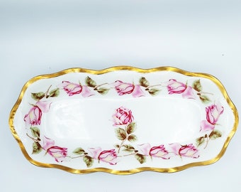 Bavaria Mignon Celery Dish Z.S & Co Zeh Scherzer Langtry Rose Pattern Oval Plate Collectors China Porcelain Antique Bowl Gold Rim