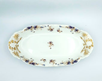 Haviland CO Limoges  H Co L France Celery Dish Oval Bowl Purple Flowers Replacement Plate Gold Tone Late 1800s Antique Find Collectors Plate