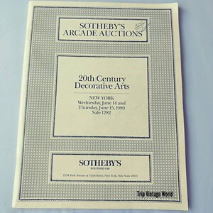 May include: A black and white brochure for Sotheby's Arcade Auctions, advertising a 20th Century Decorative Arts sale in New York City on June 14 and 15, 1989. The sale number is 1282.