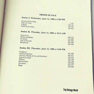 May include: A black and white printed page with the title "Order of Sale" and a list of items for sale, including French Cameo Glass, Pate-de-Verrе, Lalique, Louis Icart, Prints and Books, Ceramics, Arts and Crafts, Metalwork, Sculpture, Austrian Bronzes, Austrian Works of Art and Furniture, American Glass, Tiffany, Decorations, Furniture, and Rugs.