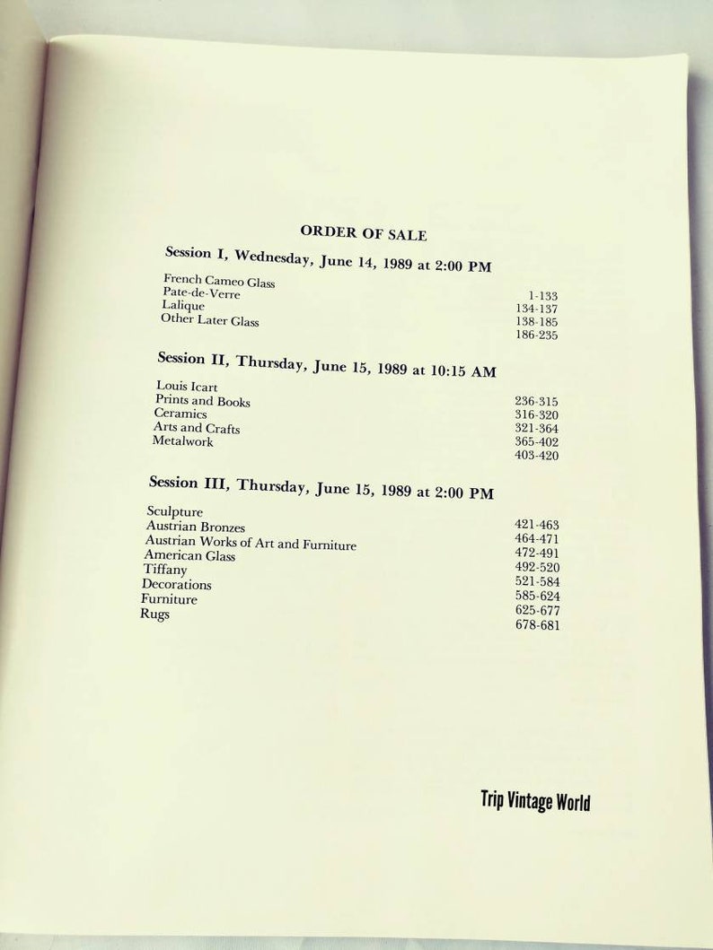 May include: A black and white printed page with the title "Order of Sale" and a list of items for sale, including French Cameo Glass, Pate-de-Verrе, Lalique, Louis Icart, Prints and Books, Ceramics, Arts and Crafts, Metalwork, Sculpture, Austrian Bronzes, Austrian Works of Art and Furniture, American Glass, Tiffany, Decorations, Furniture, and Rugs.
