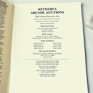 May include: A black and white printed page with the text "SOTHEBY'S ARCADE AUCTIONS 20th Century Decorative Arts" and details about an auction of decorative arts. The auction will take place on June 14th and 15th, 1989, at Sotheby's in New York City.