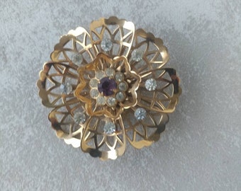 Vintage Coro Brooch, Gold Tone With Rhinestones Purple and White, Mid Century Jewelry, Gift For Vintage Lover, For Elegant Lady