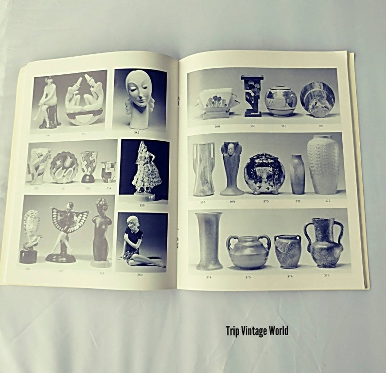 May include: A book showcasing a collection of vintage ceramic and porcelain figurines and vases. The book features black and white photographs of various items, including a woman's head, a dancing figure, and a variety of vases.