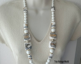 White Beaded Necklace Gold and Silver Tone Details Geometric Theme Art Necklace Ladies Present