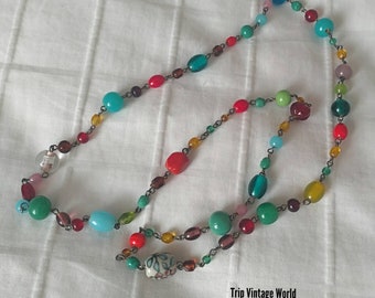 Colorful Art Glass Beaded Link Necklace Ladies Present Gifts Under 25 Vintage Unique Necklace
