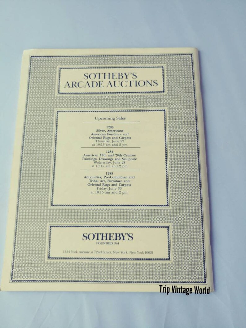 May include: A black and white image of a Sotheby's Arcade Auctions flyer. The flyer lists upcoming sales for silver, Americana, American furniture, oriental rugs and carpets, American 19th and 20th century paintings, drawings and sculpture, and antiquities, pre-Columbian and tribal art, furniture and oriental rugs and carpets. The flyer also includes the Sotheby's logo and address.