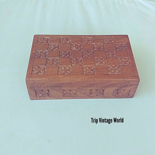 Sheesham Wood Jewelry Trinket  Box  Carved Rosewood  Floral Design Made in India