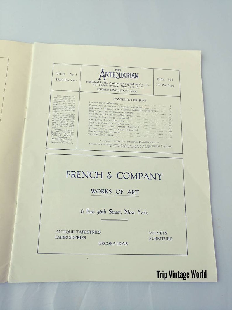 Op de afbeelding: Een zwart-witte advertentie voor French & Company, Works of Art, gevestigd aan 6 East 56th Street, New York. De advertentie vermeldt antieke wandtapijten, borduurwerk, decoraties, fluweel en meubels.