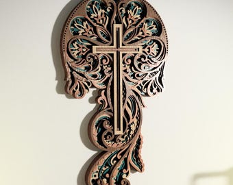 Cruz Mandala 3D SVG: Arte mural cristiano en capas (Descarga digital)