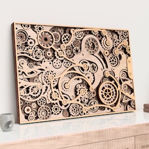 May include: A wooden wall art piece featuring an intricate design of gears and cogs. The piece is made of light brown wood and has a rustic, industrial look.
