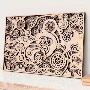 May include: A wooden wall art piece featuring an intricate design of gears and cogs. The piece is made of light brown wood and has a rustic, vintage aesthetic.