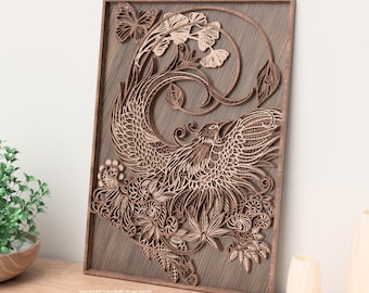 The Phoenix | Laser Cut File for creating 3D Multilayer Phoenix Laser Cut wall art available in SVG, AI, DXF, Lightburn formats