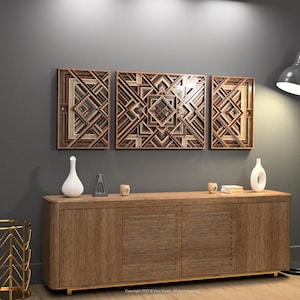 3D Geometric Wall Art Triptych Laser Cut SVG – Labyrinth Mandala | Intricate Layered Panels for Modern Decor
