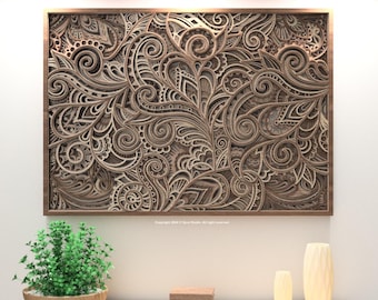 May include: A detailed, layered wooden wall art piece with a brown frame. The artwork features an intricate, swirling floral design in shades of brown and beige. The piece is displayed above a wooden console with decorative items.