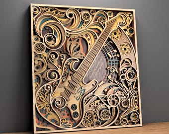 May include: A layered wooden art piece featuring a guitar design. The artwork showcases intricate details with floral and swirling patterns in shades of brown, beige, and teal. The guitar is centered, with musical notes and decorative elements.