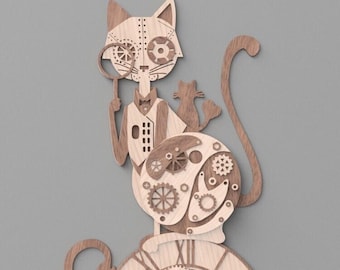 Può includere: Orologio da parete a forma di gatto in legno con design steampunk. L'orologio presenta un gatto con una lente d'ingrandimento, un gattino e un quadrante con numeri romani e ingranaggi. L'orologio è in legno marrone chiaro.