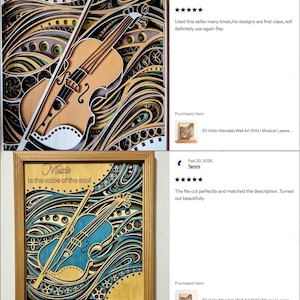 May include: Two framed wooden wall art pieces. The top piece features a violin design with a light brown and beige color scheme. The bottom piece has a blue violin design with the text "Music is the voice of the soul."