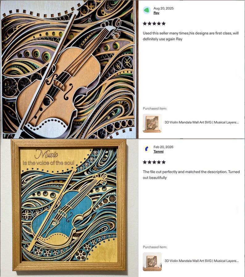 May include: Two framed wooden wall art pieces. The top piece features a violin design with a light brown and beige color scheme. The bottom piece has a blue violin design with the text "Music is the voice of the soul."