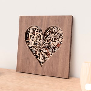Mandala coeur Svg | Fichier découpé au laser multicouche 3D | Décoration murale en bois | Zen, style vintage | Cricut, prêt pour Glowforge | Téléchargement numérique instantané