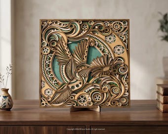 May include: A layered wooden artwork depicting a hummingbird. The square piece has detailed cut-out patterns in brown, green, and white. The hummingbird is the focal point, surrounded by floral and geometric designs. It is displayed on a wooden stand.