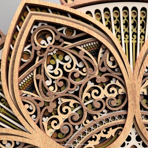 May include: Detailed view of a multi-layered wooden artwork with complex, swirling designs. The piece uses shades of brown, beige, and green, giving a 3D appearance. The design includes floral and geometric shapes, demonstrating fine craftsmanship and attention to detail.