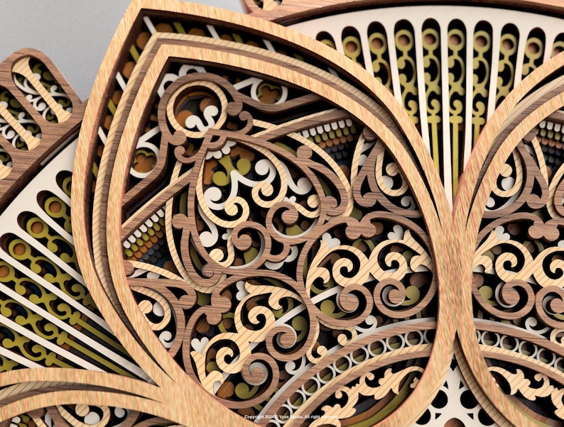 May include: Detailed view of a multi-layered wooden artwork with complex, swirling designs. The piece uses shades of brown, beige, and green, giving a 3D appearance. The design includes floral and geometric shapes, demonstrating fine craftsmanship and attention to detail.