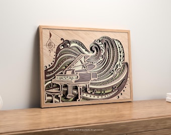 3D Piano Wall Art Laser Cut SVG | Musical Mandala Design | Intricate Layered File for Lasers & CNC