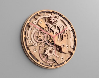 Gear clock V0 | Digital cutting file for creating 3D Mechanical Clock featuring multilayered wood available in SVG, AI, DXF and Lightburn.