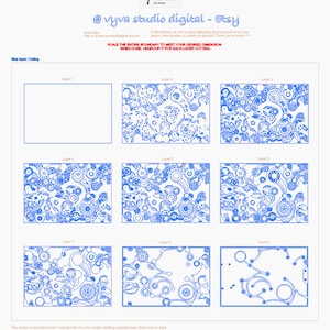 May include: Digital design featuring nine blue laser-cut layers with intricate patterns of gears, swirls, and geometric shapes. The design includes text from Vyva Studio Digital on a white background. The layers are labeled and ready for cutting.