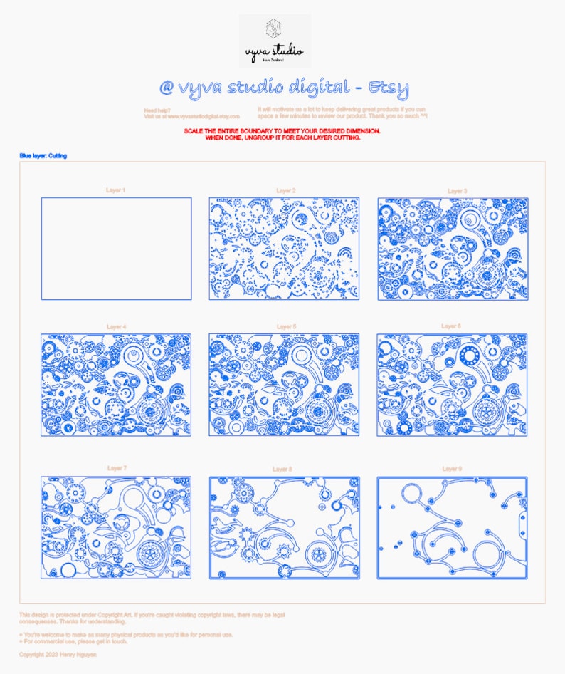 May include: Digital design featuring nine blue laser-cut layers with intricate patterns of gears, swirls, and geometric shapes. The design includes text from Vyva Studio Digital on a white background. The layers are labeled and ready for cutting.