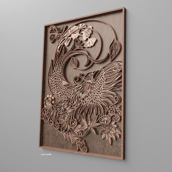 Fichier numérique pour la création d'art mural multicouche d'oiseau 3D adapté au découpeur laser, coupe-papier disponible aux formats SVG, AI, DXF, Lightburn