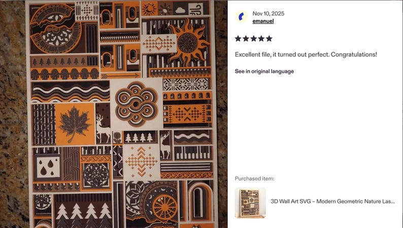 May include: A geometric wall art piece with a variety of brown and orange shapes and patterns. The design includes a sun, a maple leaf, and other nature-inspired elements. The artwork is a 3D SVG file.