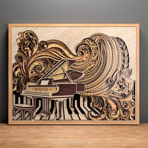 Arte mural de piano 3D cortado con láser SVG: armonía barroca / diseño de mandala musical / archivo complejo en capas para láser y CNC