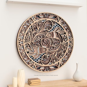 Archivo de corte láser en capas 3D de Koi atemporal / Arte mural de mandala de pez koi / Descarga digital intrincada (SVG, AI, DXF, PDF)