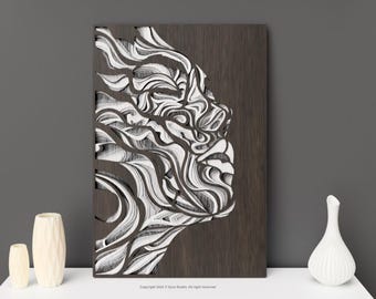 Peut inclure: Une œuvre d'art murale en bois brun foncé représentant un profil détaillé et superposé. Le profil est créé avec des lignes blanches et fluides, créant un contraste saisissant avec le bois foncé. L'œuvre est exposée sur une surface blanche.
