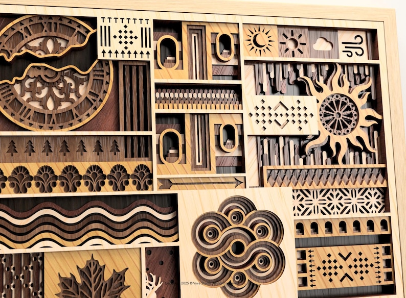 May include: Wooden wall art with a layered design. The artwork features various geometric and natural elements, including a clock, sun, trees, and abstract shapes, all in shades of brown and tan. The piece is framed in light wood.
