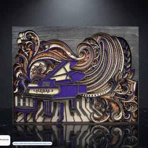 May include: A layered wooden art piece featuring a purple grand piano with a matching stool. The artwork has intricate swirling patterns in shades of purple, orange, and cream, set against a gray background. The piece is made of wood.