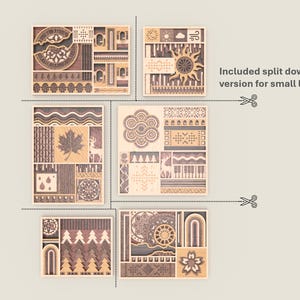 May include: Wooden wall art panels with intricate laser-cut designs. Each panel features a unique pattern, including geometric shapes, floral motifs, and nature-inspired elements. The text "Included split down version for small laser" is also visible.