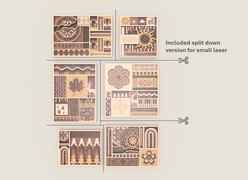 May include: Wooden wall art panels with intricate laser-cut designs. Each panel features a unique pattern, including geometric shapes, floral motifs, and nature-inspired elements. The text "Included split down version for small laser" is also visible.