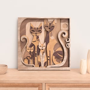 Résumé de la famille des chats | Image vectorielle découpée au laser pour créer une décoration murale abstraite multicouche 3D disponible aux formats svg, ai, dxf et pdf