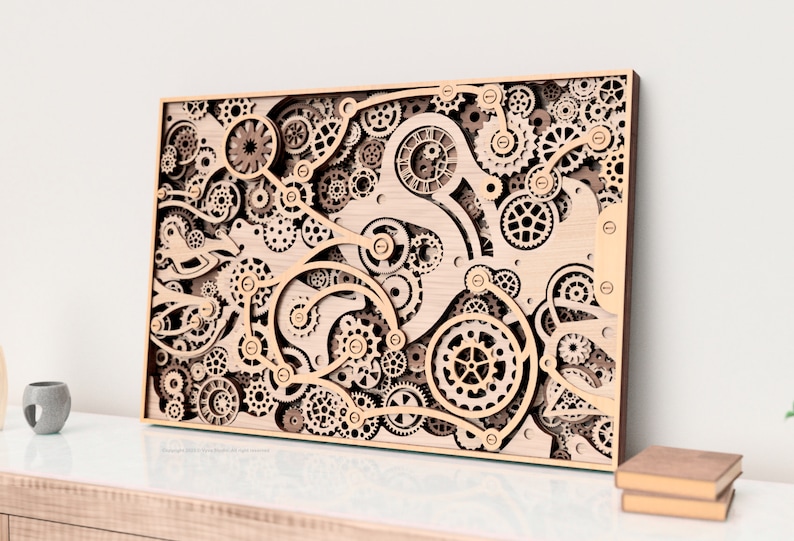 May include: A wooden wall art piece featuring an intricate design of gears and cogs. The piece is made of light brown wood and has a rustic, vintage aesthetic.