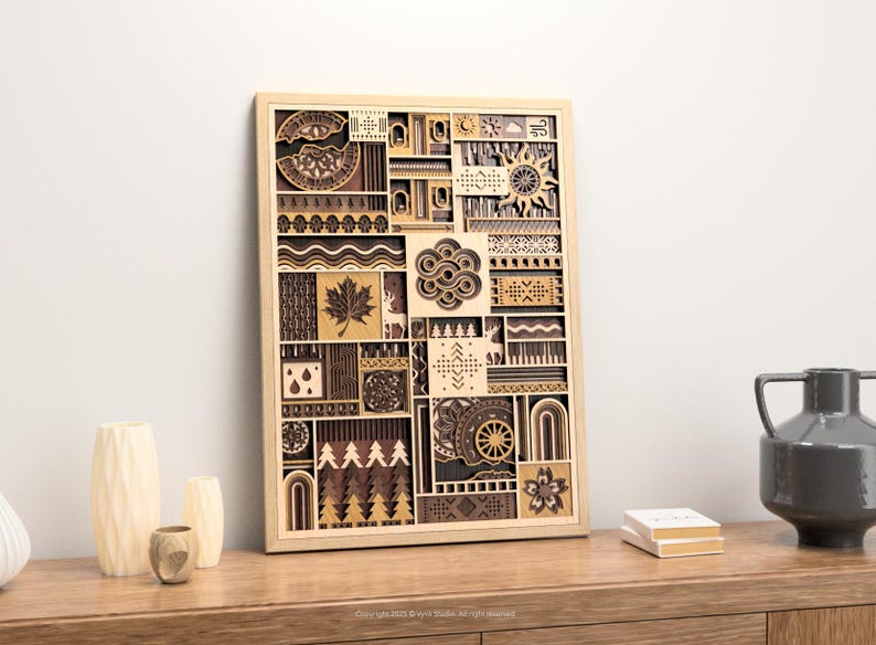 May include: Wooden wall art with a geometric design. The artwork features various shapes and patterns, including a maple leaf, sun, and trees, in shades of brown and beige. The art is framed in a light wood.
