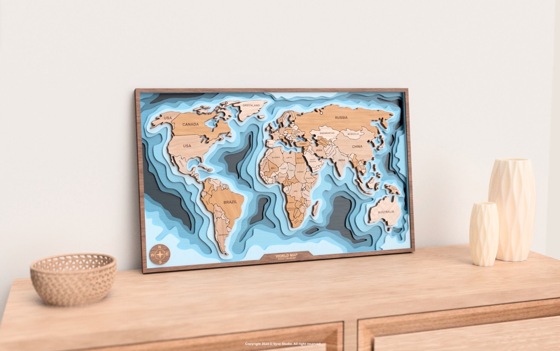 3D World Map | Laser Cutting Files for creating multilayered wall art available in SVG, AI, DXF, and Lightburn format