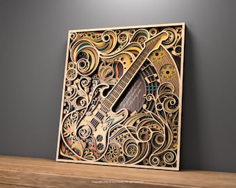 Laser Cut 3D Guitar Wall Art SVG | Mandala Design for CNC & Lasers | Intricate Layered File