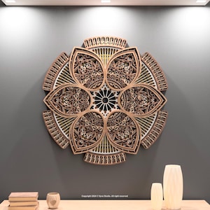 Celestial Bloom / File tagliato al laser per creare decorazioni murali Mandala multistrato disponibili nei formati svg, ai, dxf e pdf
